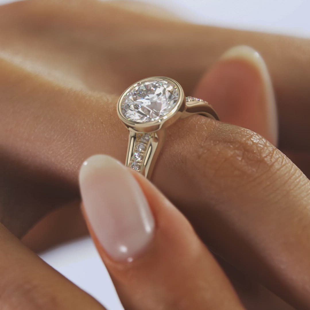 Floating Round Bezel Engagement Ring with Split Shank Pavé Band by